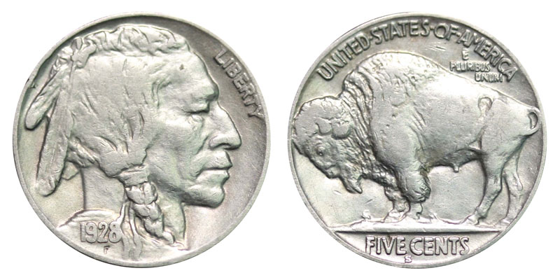 Side-by-side comparison of normal 1928-S Buffalo Nickel with three feathers versus Two Feathers FS-401 error with only two feathers visible