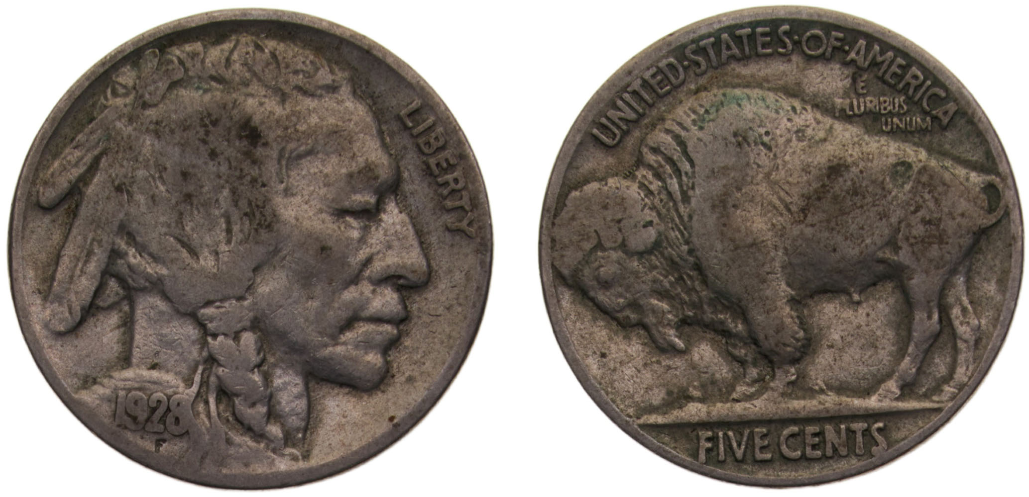 1928 Buffalo Nickel grading strip showing four coins from Good to Mint State condition side by side